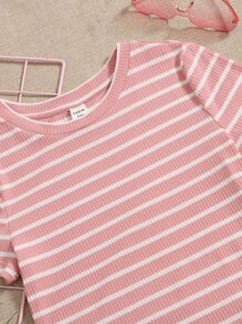 SHEIN Teen Girls Striped Rib-Knit Dress - Dusty Pink - View 3