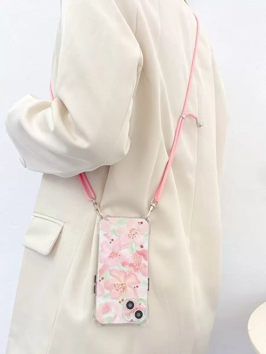 Floral Cherry Shockproof Bumper Case With Transparent Shell + Pink Shoelace Lanyard Compatible With IPhone 16/16 Pro/16 Plus/16 Pro Max/15/14/13/12/11/XR/7P/16E/IPhone 17/17 Pro/17 Air/17 Pro Max