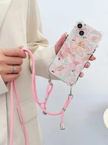 Floral Cherry Shockproof Bumper Case With Transparent Shell + Pink Shoelace Lanyard Compatible With IPhone 16/16 Pro/16 Plus/16 Pro Max/15/14/13/12/11/XR/7P/16E/IPhone 17/17 Pro/17 Air/17 Pro Max