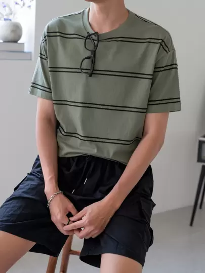 DAZY Men Back To School Cotton Striped Print Tee