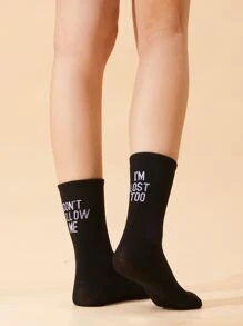 Slogan Graphic Crew Socks - Black - View 4