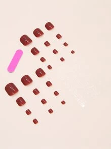 24 cái Màu Rắn Móng Chân Giả & 1pc Băng & 1pc Tệp Móng Tay - Màu Đỏ Sâu - Xem 2