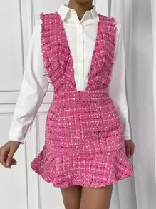 SHEIN Essnce Plaid Pattern Raw Trim Sleeveless Dress - Hot Pink - View 1