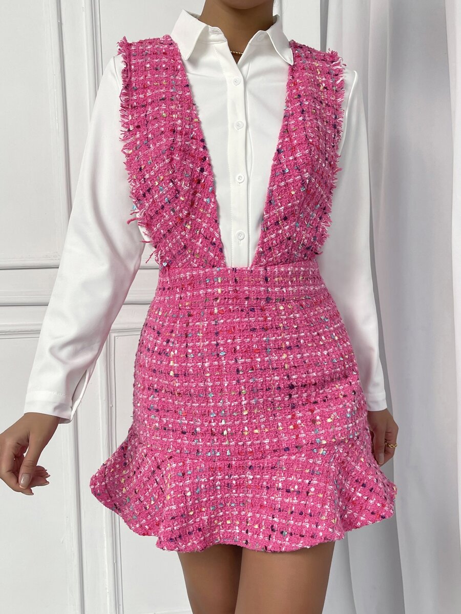 SHEIN Essnce Plaid Pattern Raw Trim Sleeveless Dress - Hot Pink - View 1