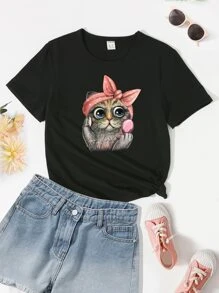 SHEIN Girls Cat Print Tee - Black - View 1