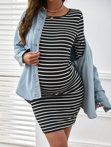 SHEIN Maternity Striped Print Dress - Black and White - View 4