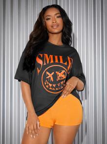 SHEIN SXY 卡通和字母圖案落肩T恤 - 黑色 - 查看 4