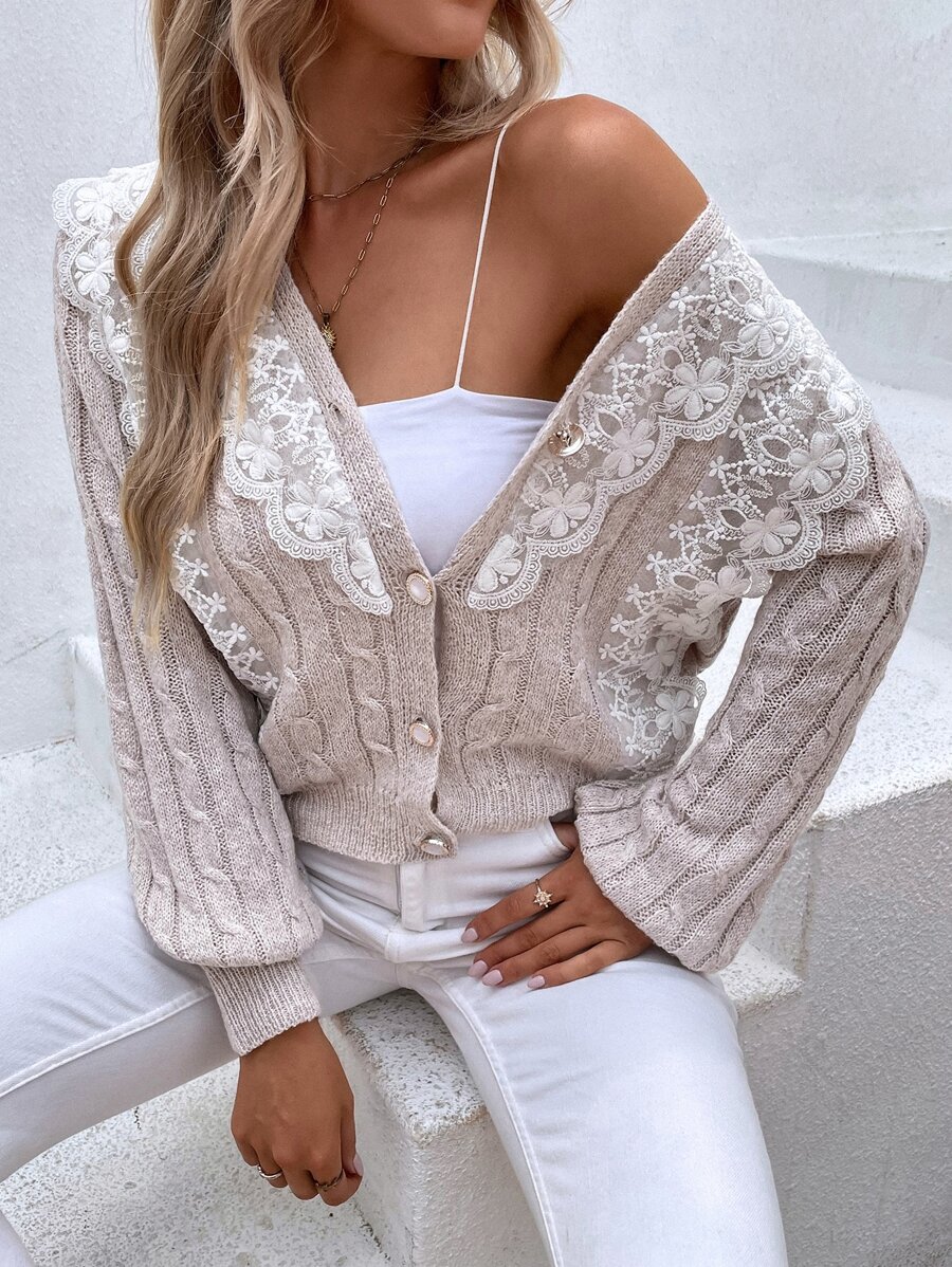 SHEIN LUNE Contrast Lace Cable Knit Cardigan - Apricot - View 1