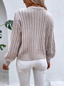 SHEIN LUNE Contrast Lace Cable Knit Cardigan - Apricot - View 2