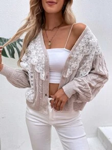 SHEIN LUNE Contrast Lace Cable Knit Cardigan - Apricot - View 3