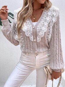 SHEIN LUNE Contrast Lace Cable Knit Cardigan - Apricot - View 5