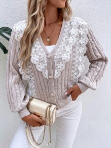 SHEIN LUNE Contrast Lace Cable Knit Cardigan - Apricot - View 6