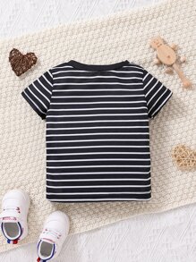 Bebé niño Camiseta con estampado de rayas con bordado de corazón - Blanco y Negro - Ver 2