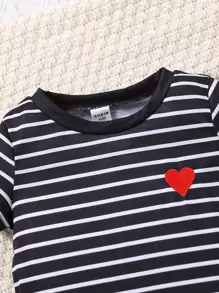 Bebé niño Camiseta con estampado de rayas con bordado de corazón - Blanco y Negro - Ver 3