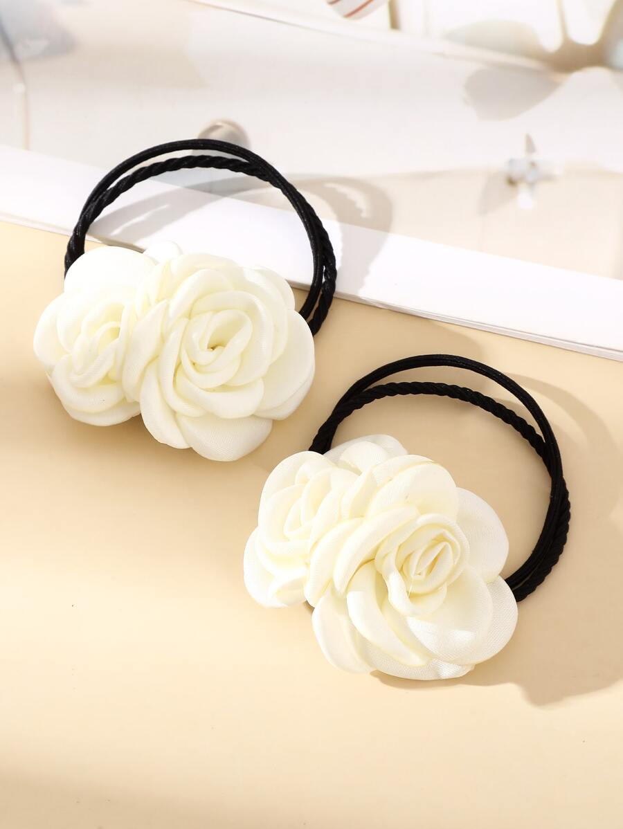2 piezas Lazos para el cabello con flores de rosa, accesorios florales para el cabello, sujetadores de coleta para vacaciones en la playa, bandas elásticas, scrunchies, accesorios para el cabello, bandas elásticas para la belleza y el hogar - Blanco - Ver 1