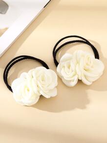 2 piezas Lazos para el cabello con flores de rosa, accesorios florales para el cabello, sujetadores de coleta para vacaciones en la playa, bandas elásticas, scrunchies, accesorios para el cabello, bandas elásticas para la belleza y el hogar - Blanco - Ver 3