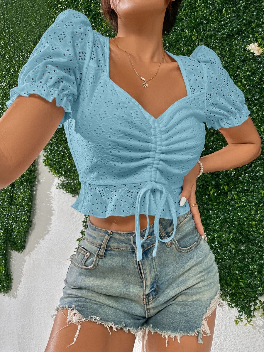 SHEIN VCAY Sweetheart Cổ Dây Rút Phía Trước Tay Phồng Thêu Lỗ Crop Top - Màu xanh lam - Xem 1