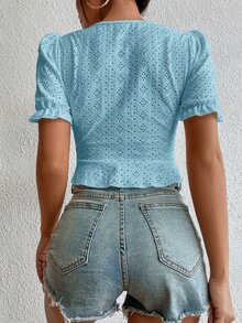 SHEIN VCAY Sweetheart Cổ Dây Rút Phía Trước Tay Phồng Thêu Lỗ Crop Top - Màu xanh lam - Xem 2