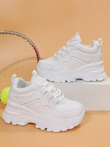 女士們白色素色一腳蹬運動鞋帶坡跟跟和前綁帶 - 白色 - 查看 1