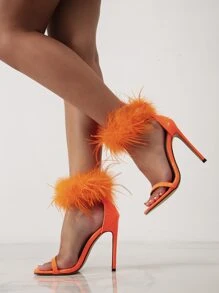 Trich Feather Stiletto Heeled Ankle Strap Sandals - Orange - View 2