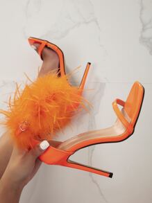Trich Feather Stiletto Heeled Ankle Strap Sandals - Orange - View 3