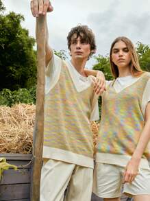 ROMWE MEN ROMWE UNISEX 1pc Marled Contrast Binding Sweater Vest - Multicolor - View 2