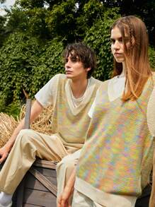 ROMWE MEN ROMWE UNISEX 1pc Marled Contrast Binding Sweater Vest - Multicolor - View 4