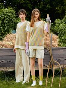 ROMWE MEN ROMWE UNISEX 1pc Marled Contrast Binding Sweater Vest - Multicolor - View 5