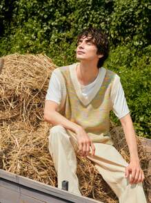 ROMWE MEN ROMWE UNISEX 1pc Marled Contrast Binding Sweater Vest - Multicolor - View 6