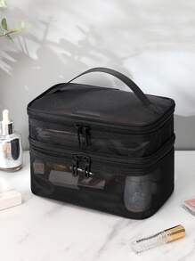 雙層網紗化妝包,旅行必備 - 黑色 - 查看 1