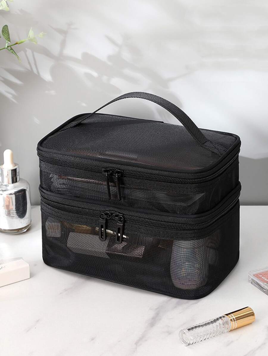 雙層網紗化妝包,旅行必備 - 黑色 - 查看 1