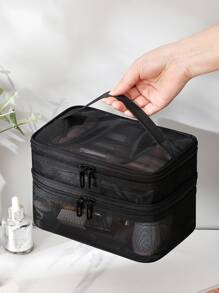 雙層網紗化妝包,旅行必備 - 黑色 - 查看 2