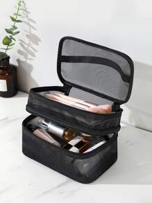 雙層網紗化妝包,旅行必備 - 黑色 - 查看 7