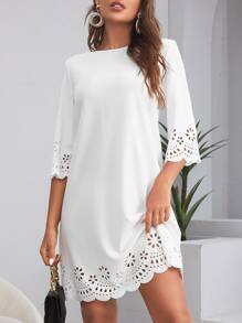 SHEIN Clasi Laser Cut Scalloped Dress - White - View 1