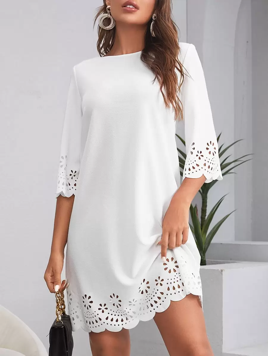SHEIN Clasi Laser Cut Scalloped Dress - White - View 1