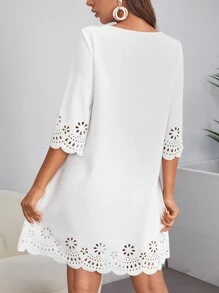 SHEIN Clasi Laser Cut Scalloped Dress - White - View 2