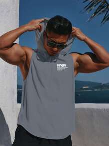 Manfinity Fitness Boyfriend Style Men Slogan Graphic Hooded Sports Tank Top - Grey - View 3