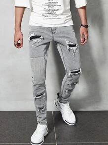 ROMWE MEN Nam Bông Sọc Quần jean rách - Xám - Xem 1