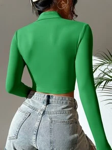 SHEIN Essnce Áo thun nữ Dây kéo màu trơn Giải trí - màu xanh lá - Xem 2