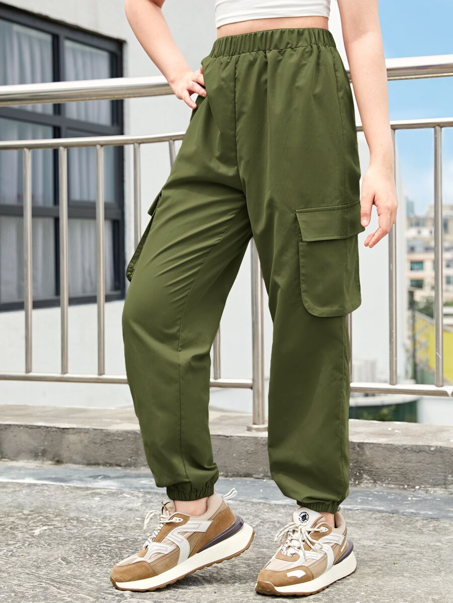 SHEIN Teen Girls High Waist Cargo Trousers - Army Green - View 1