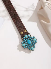 花壓花綠松石裝飾搭扣腰帶 - 巧克力棕 - 查看 3