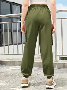 SHEIN Teen Girls High Waist Cargo Trousers - Army Green - View 2