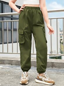 SHEIN Teen Girls High Waist Cargo Trousers - Army Green - View 3