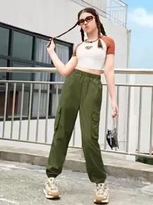 SHEIN Teen Girls High Waist Cargo Trousers - Army Green - View 4