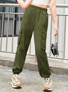 SHEIN Teen Girls High Waist Cargo Trousers - Army Green - View 6