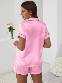 Heart Embroidered Contrast Piping Satin Pyjama Set - Baby Pink - View 2