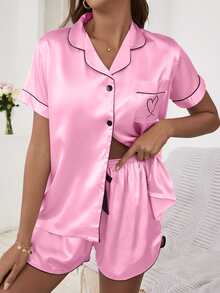 Heart Embroidered Contrast Piping Satin Pyjama Set - Baby Pink - View 4