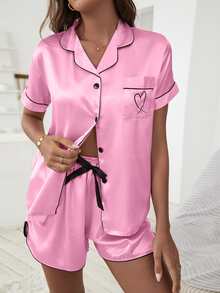 Heart Embroidered Contrast Piping Satin Pyjama Set - Baby Pink - View 5