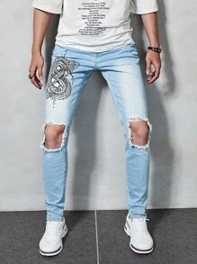 Tim Lord Guys Graphic Print Ripped Jeans - Light Wash - View 1