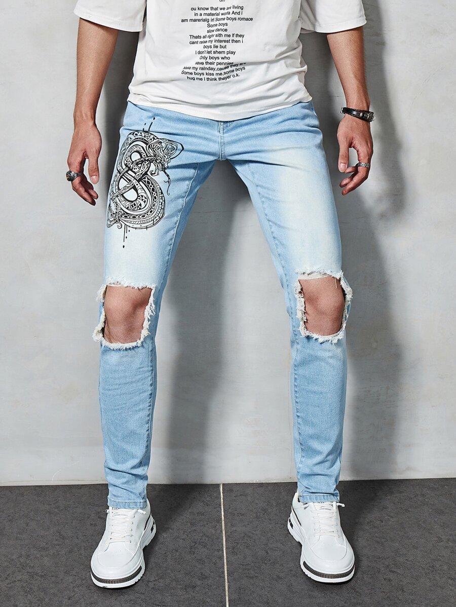 Tim Lord Guys Graphic Print Ripped Jeans - Light Wash - View 1